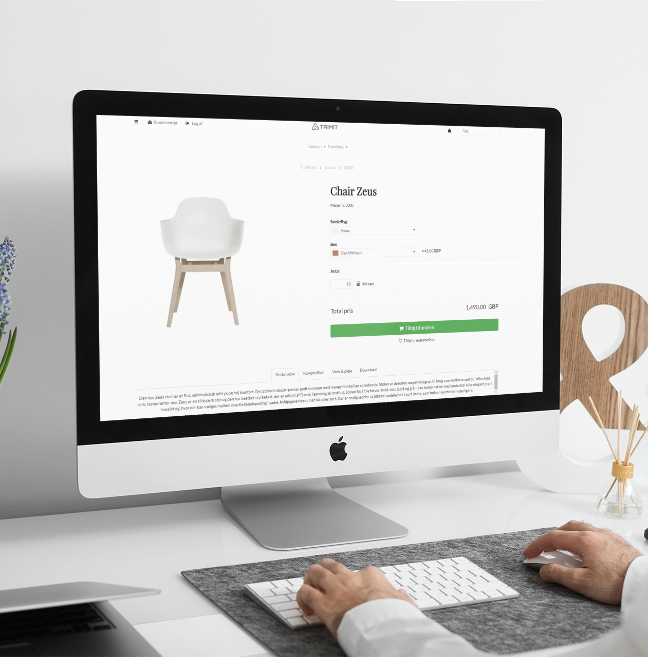 Computer screen displaying a product page for a chair named Zeus on an online furniture store