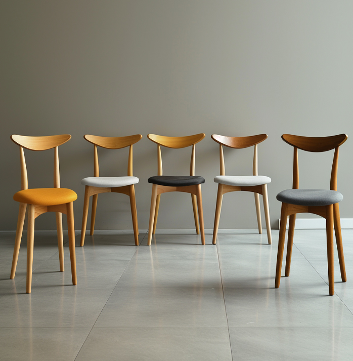 Five wooden chairs with different colored cushions arranged in a row against a neutral background